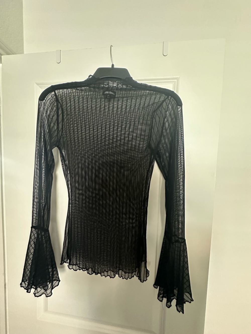 Black Sheer Mesh Bell Sleeve Top - Women's